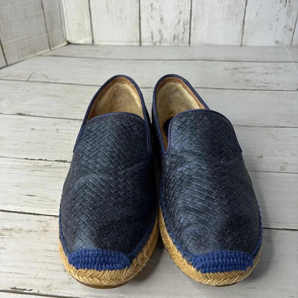 UGG SANDRINNE METALLIC LEATHER BASKET WEAVE BLUE ESPADRILLE